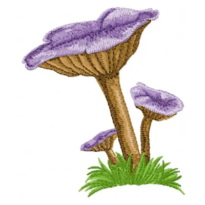 Preview of the Violet Mushroom embroidery design, showcasing intricate stitching patterns featuring vibrant mushrooms.