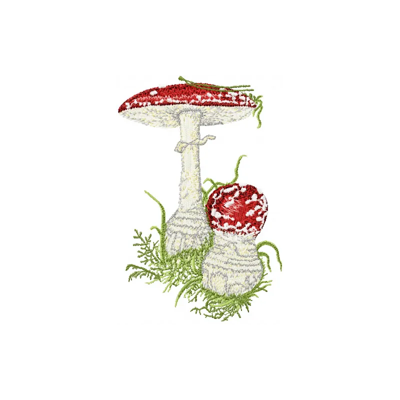 Amanita muscaria embroidery design showcasing vibrant red and white mushroom motifs for creative stitching projects.