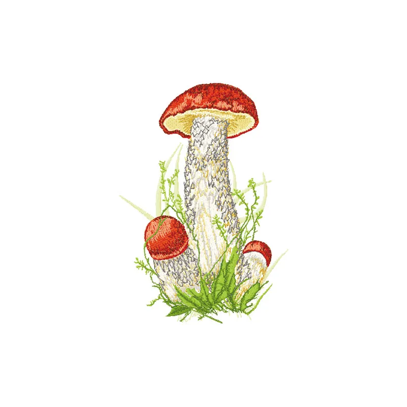 Leccinum embroidery design showcasing intricate mushroom motifs, perfect for stitching on t-shirts and tote bags.