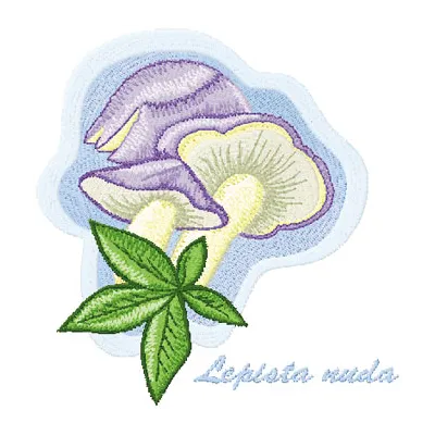 Lepista nuda embroidery design showcasing a delicate mushroom motif, ideal for various fabric projects.