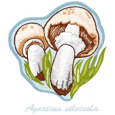 Agaricus Silvicola embroidery design showcasing a detailed mushroom motif for creative stitching projects.