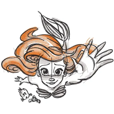 Embroidery design preview of Ariel swims sketch, featuring the Little Mermaid in a whimsical style.