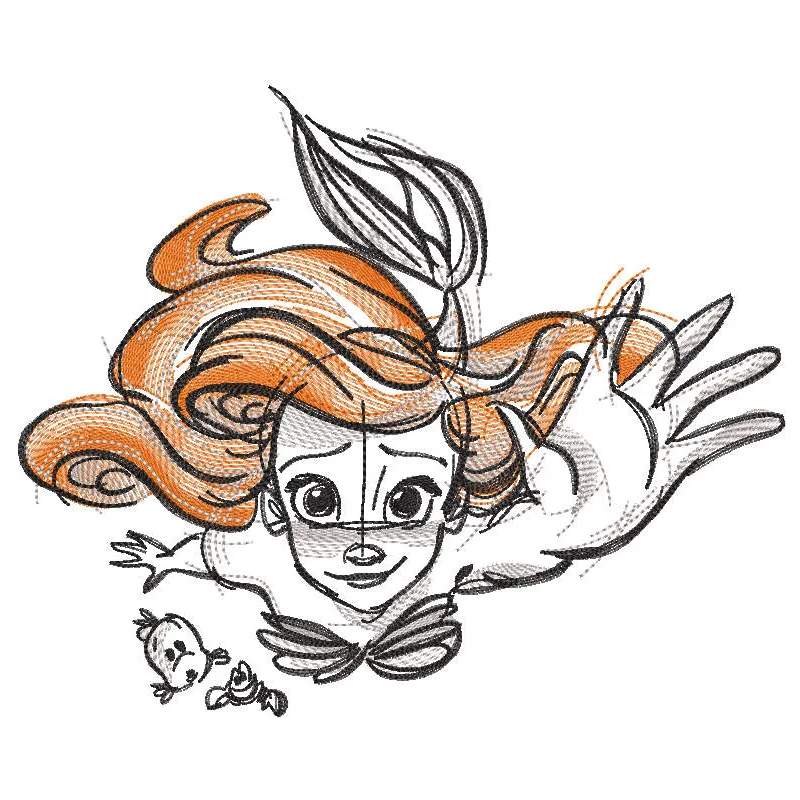 Embroidery design preview of Ariel swims sketch, featuring the Little Mermaid in a whimsical style.