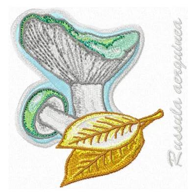 Russula Aeruginea embroidery design featuring a detailed mushroom motif, ideal for creative projects and stitching.