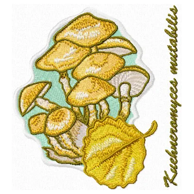 Preview of Kuehneromyces mutabilis embroidery design featuring intricate mushroom motifs for creative stitching.
