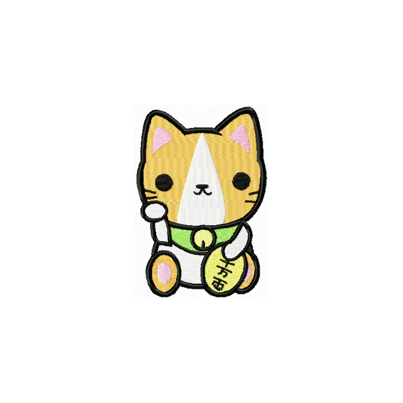 Maneki Neko lucky kitty embroidery design showcasing an adorable Oriental stitched motif for various projects.