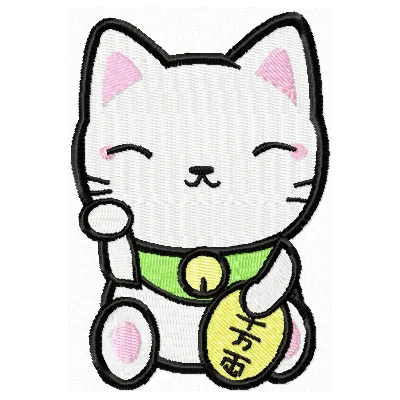 Maneki Neko clever kitty embroidery design showcasing an Oriental style, perfect for stitching on t-shirts or tote bags.