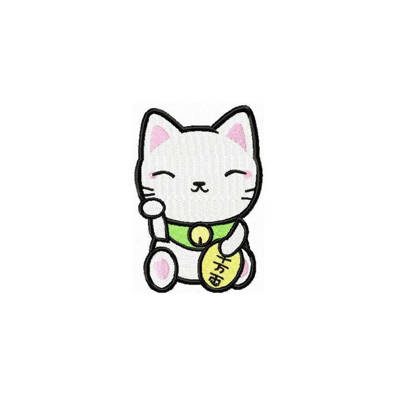 Maneki Neko clever kitty embroidery design showcasing an Oriental style, perfect for stitching on t-shirts or tote bags.