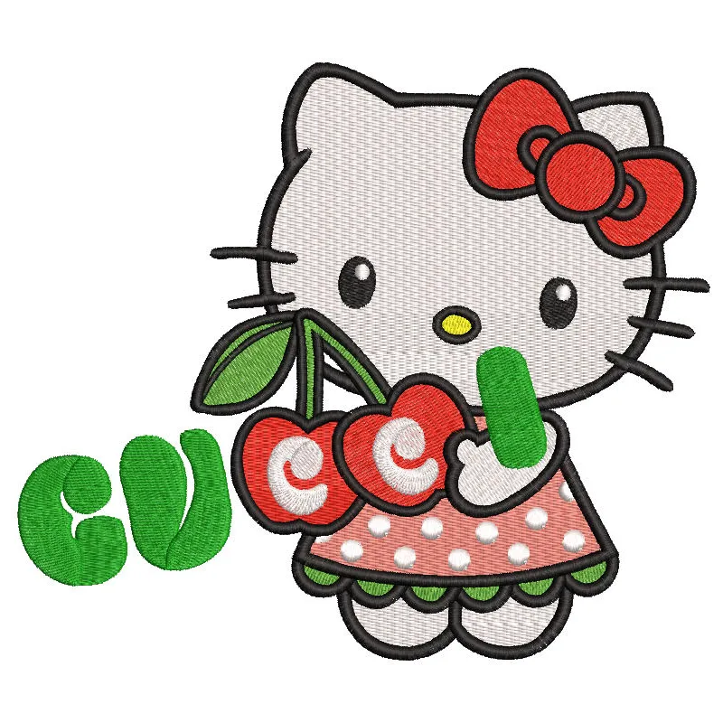 Hello Kitty Gucci embroidery design preview showcasing vibrant colors and detailed stitching pattern.