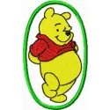 Winnie Pooh in an oval frame embroidery design featuring Tigger, Eeyore, Piglet, and Heffalump motifs.