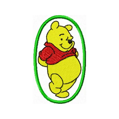 Winnie Pooh in an oval frame embroidery design featuring Tigger, Eeyore, Piglet, and Heffalump motifs.