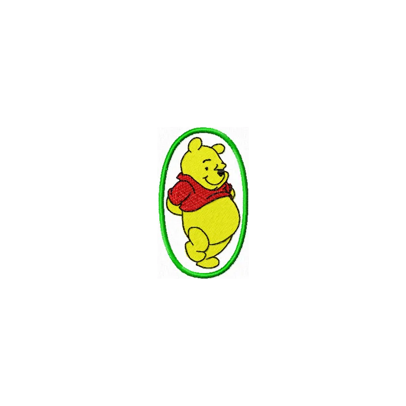 Winnie Pooh in an oval frame embroidery design featuring Tigger, Eeyore, Piglet, and Heffalump motifs.