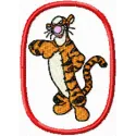 Tigger in an oval frame embroidery design, showcasing playful stitching patterns for various fabric projects.