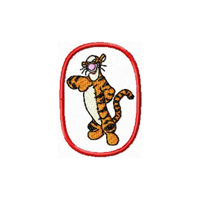 Tigger in an oval frame embroidery design, showcasing playful stitching patterns for various fabric projects.