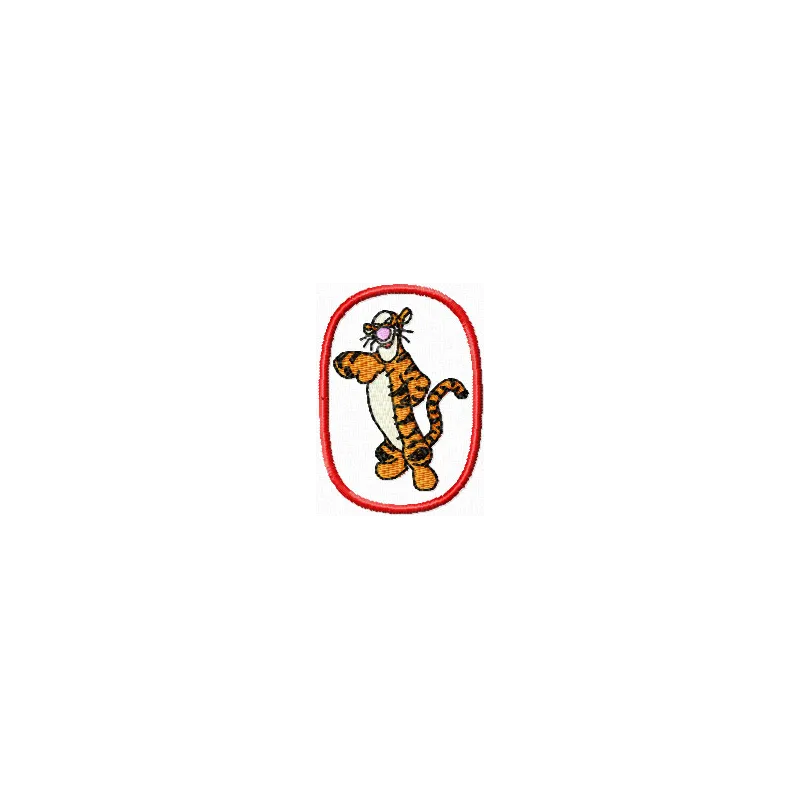 Tigger in an oval frame embroidery design, showcasing playful stitching patterns for various fabric projects.
