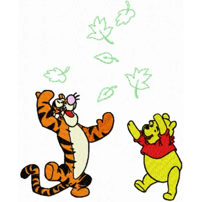 Winnie Pooh and Tigger playing embroidery design featuring cheerful characters for creative stitching projects.