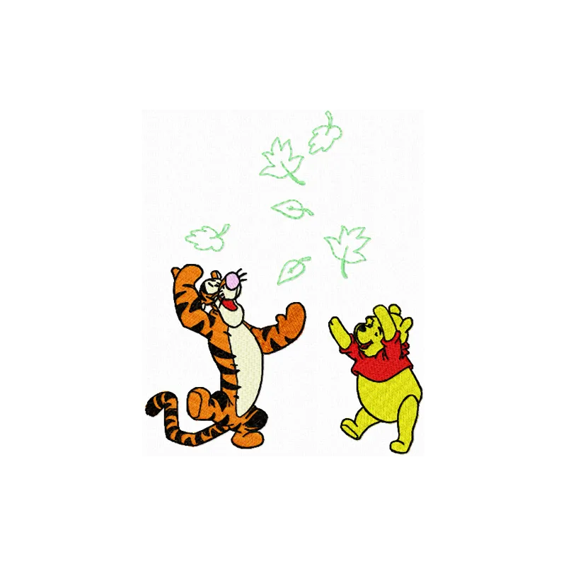 Winnie Pooh and Tigger playing embroidery design featuring cheerful characters for creative stitching projects.