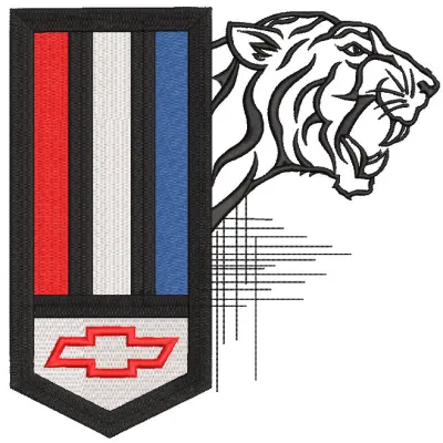 Embroidery design preview of the Chevrolet Camaro predator logo with detailed stitching and vibrant colors.