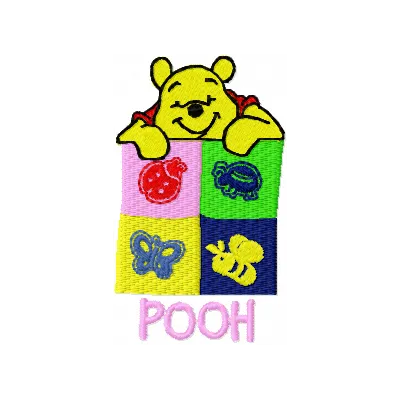 Winnie Pooh with signs embroidery design featuring Pooh, Piglet, and Tigger in a whimsical scene.