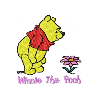 Winnie Pooh with flower embroidery design featuring Pooh surrounded by colorful blooms for stitching on various items.