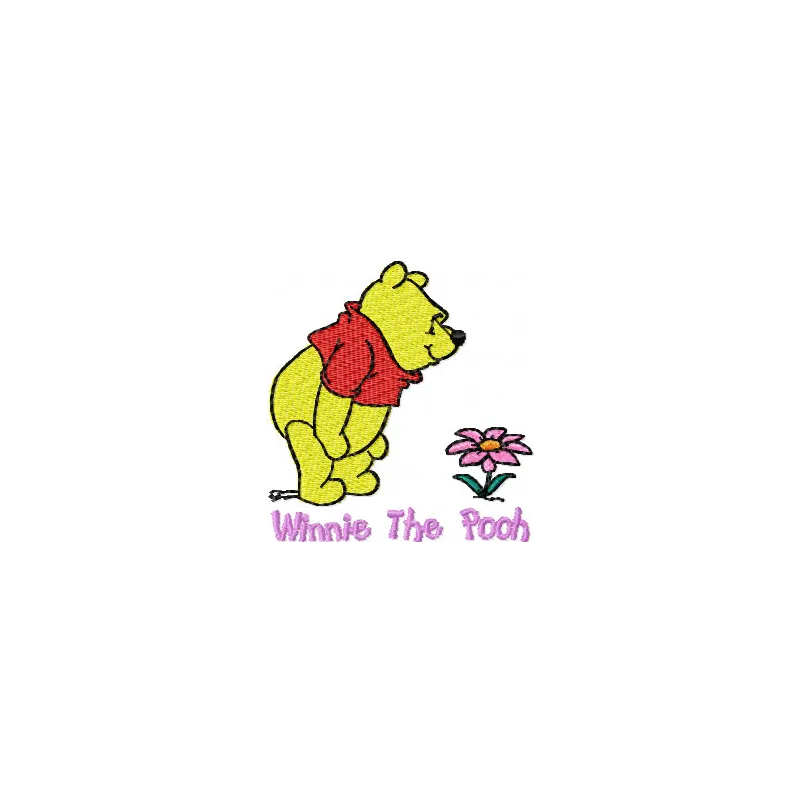 Winnie Pooh with flower embroidery design featuring Pooh surrounded by colorful blooms for stitching on various items.