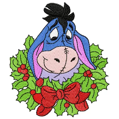Eeyore Christmas embroidery design featuring Eeyore surrounded by festive elements, ideal for holiday projects.