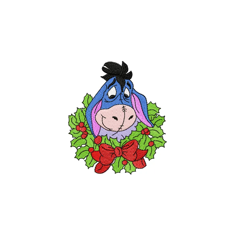 Eeyore Christmas embroidery design featuring Eeyore surrounded by festive elements, ideal for holiday projects.