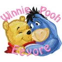 Embroidery design featuring Eeyore and Winnie the Pooh, ideal for stitching on baby onesies and pillows.
