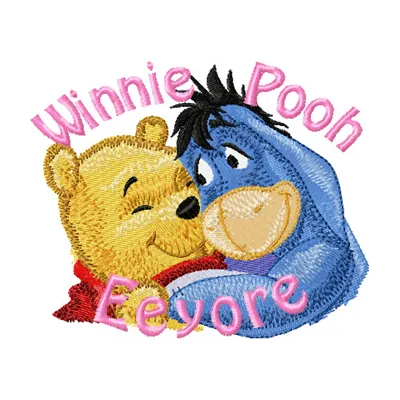 Embroidery design featuring Eeyore and Winnie the Pooh, ideal for stitching on baby onesies and pillows.