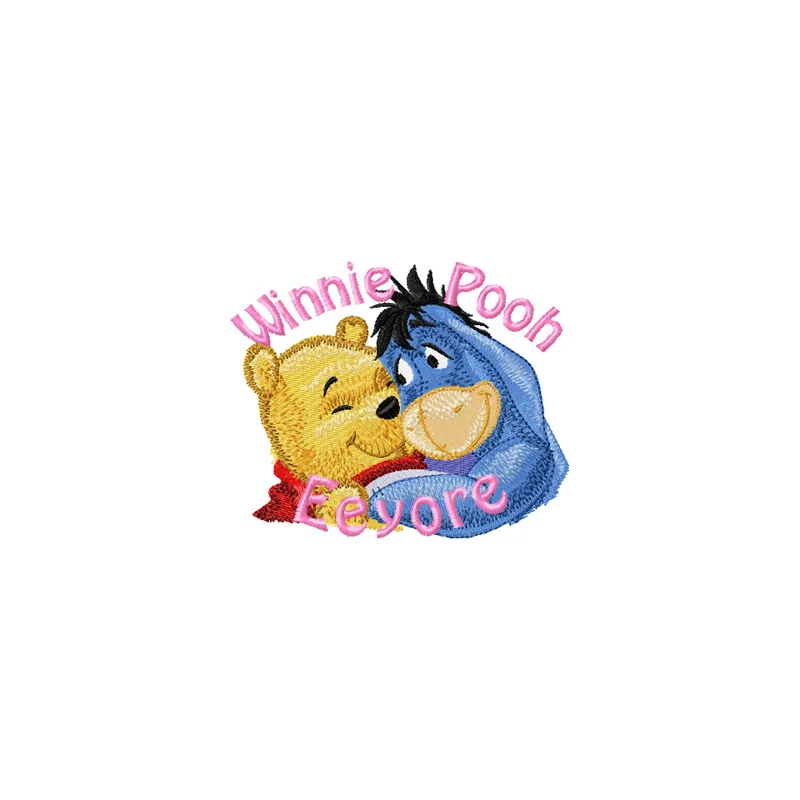 Embroidery design featuring Eeyore and Winnie the Pooh, ideal for stitching on baby onesies and pillows.