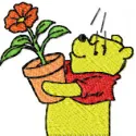 Embroidery design featuring Winnie the Pooh holding a flower, perfect for embellishing garments and gifts.