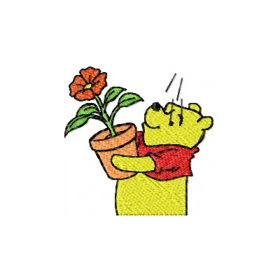 Embroidery design featuring Winnie the Pooh holding a flower, perfect for embellishing garments and gifts.