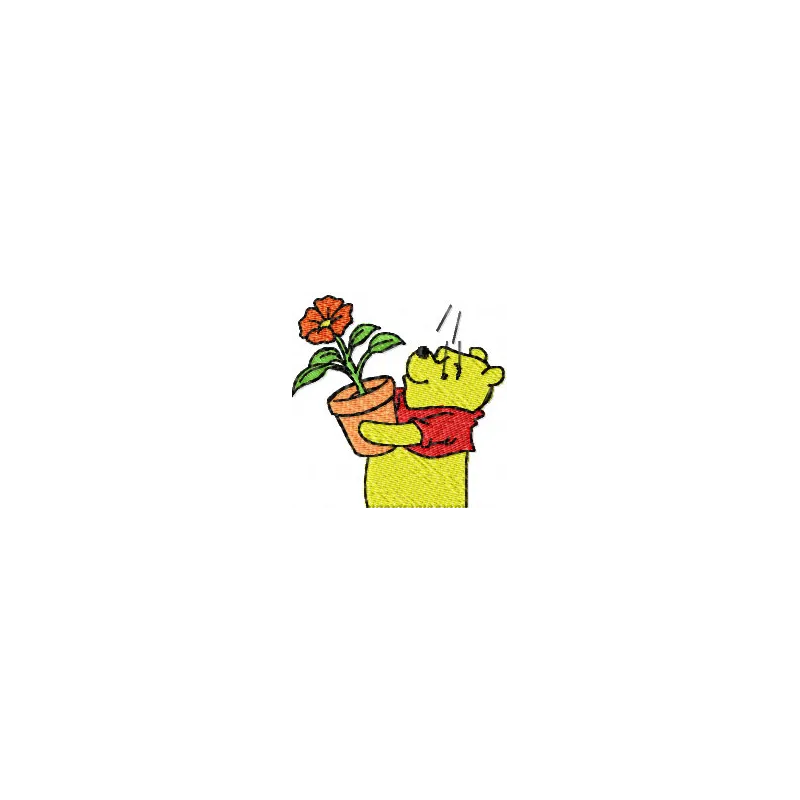 Embroidery design featuring Winnie the Pooh holding a flower, perfect for embellishing garments and gifts.