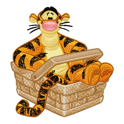 Embroidery design of Tigger sitting in a basket, perfect for stitching on baby onesies and pillows.