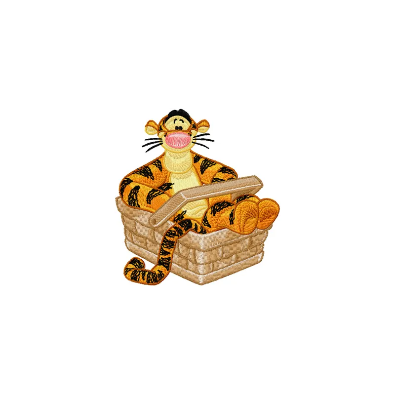 Embroidery design of Tigger sitting in a basket, perfect for stitching on baby onesies and pillows.