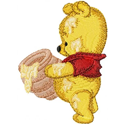 Adorable Baby Pooh embroidery design featuring a honey pot, perfect for baby garments and accessories.