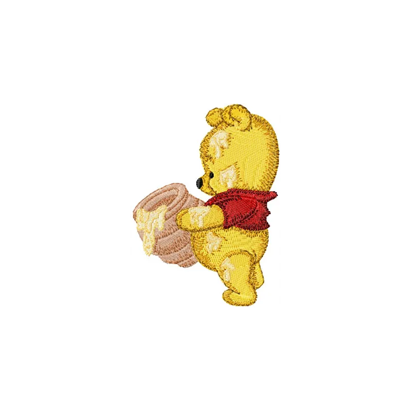 Adorable Baby Pooh embroidery design featuring a honey pot, perfect for baby garments and accessories.