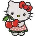 Hello Kitty cherry embroidery design preview featuring vibrant colors and detailed stitching.