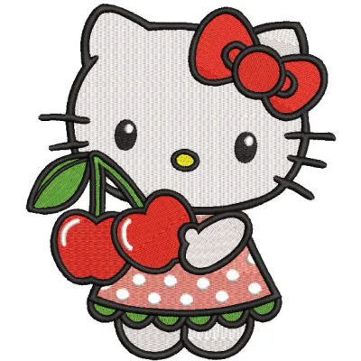 Hello Kitty cherry embroidery design preview featuring vibrant colors and detailed stitching.