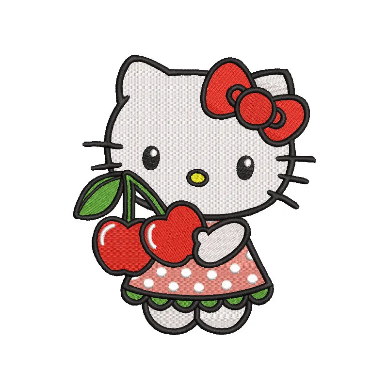 Hello Kitty cherry embroidery design preview featuring vibrant colors and detailed stitching.