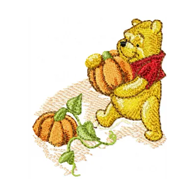Winnie Pooh and pumpkins embroidery design featuring beloved characters Tigger, Eeyore, Piglet, and Heffalump