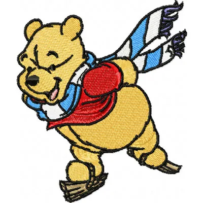 Winnie Pooh skating embroidery design showcasing Pooh, Piglet, and Tigger in a playful winter scene.