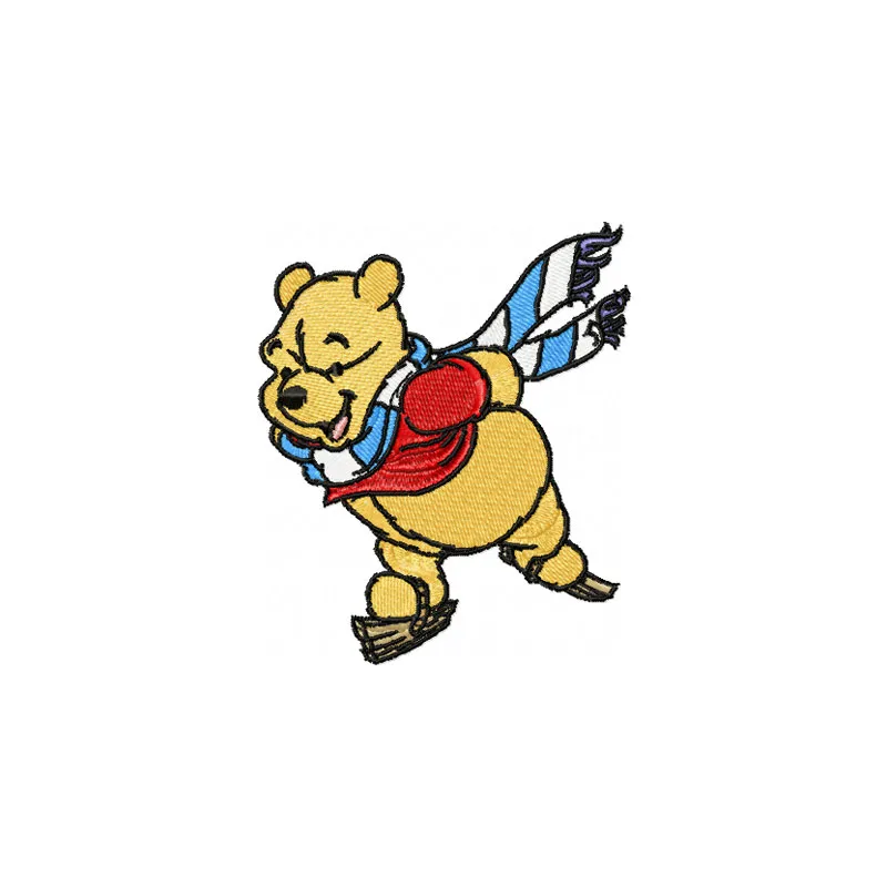 Winnie Pooh skating embroidery design showcasing Pooh, Piglet, and Tigger in a playful winter scene.