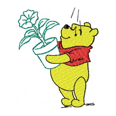 Embroidery design featuring Winnie Pooh holding a flower, ideal for stitching on t-shirts or baby onesies.