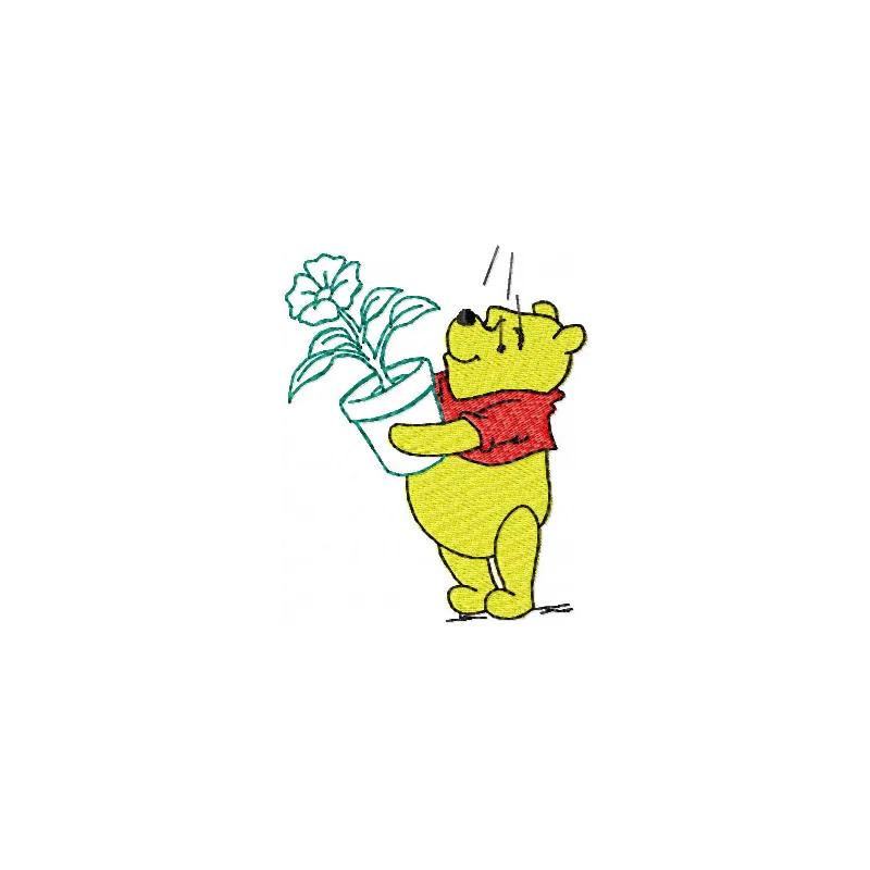 Embroidery design featuring Winnie Pooh holding a flower, ideal for stitching on t-shirts or baby onesies.