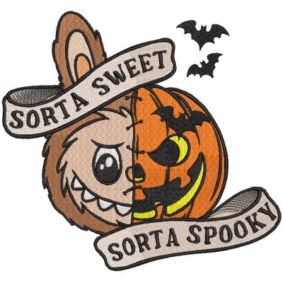 Embroidery design preview of Labubu Halloween pumpkin, showcasing vibrant colors and detailed stitching.
