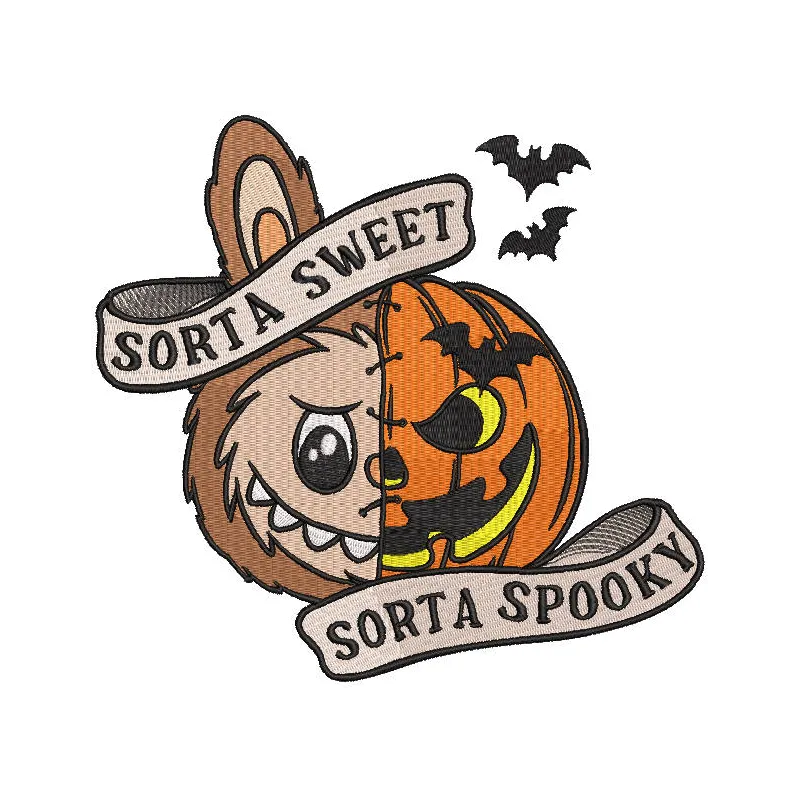 Embroidery design preview of Labubu Halloween pumpkin, showcasing vibrant colors and detailed stitching.