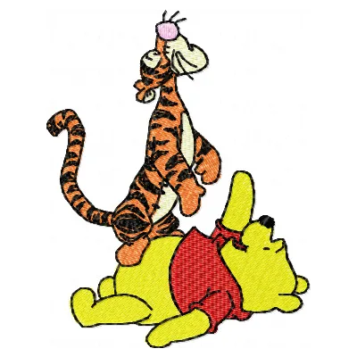 Embroidery design preview of Winnie Pooh and Tigger, featuring playful characters for delightful stitching.