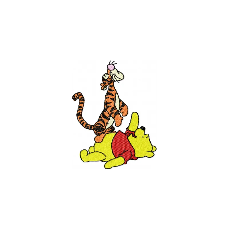 Embroidery design preview of Winnie Pooh and Tigger, featuring playful characters for delightful stitching.