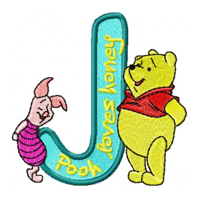 Winnie Pooh and Piglet Alphabet Letter J embroidery design featuring playful characters for creative stitching.